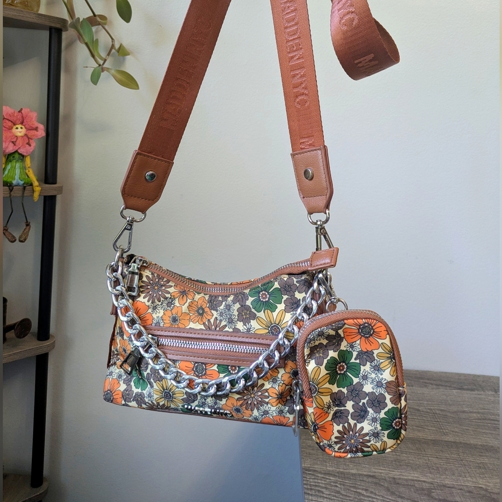 Floral Crossbody Bag with Detachable Coin Pouch - Brown/Orange